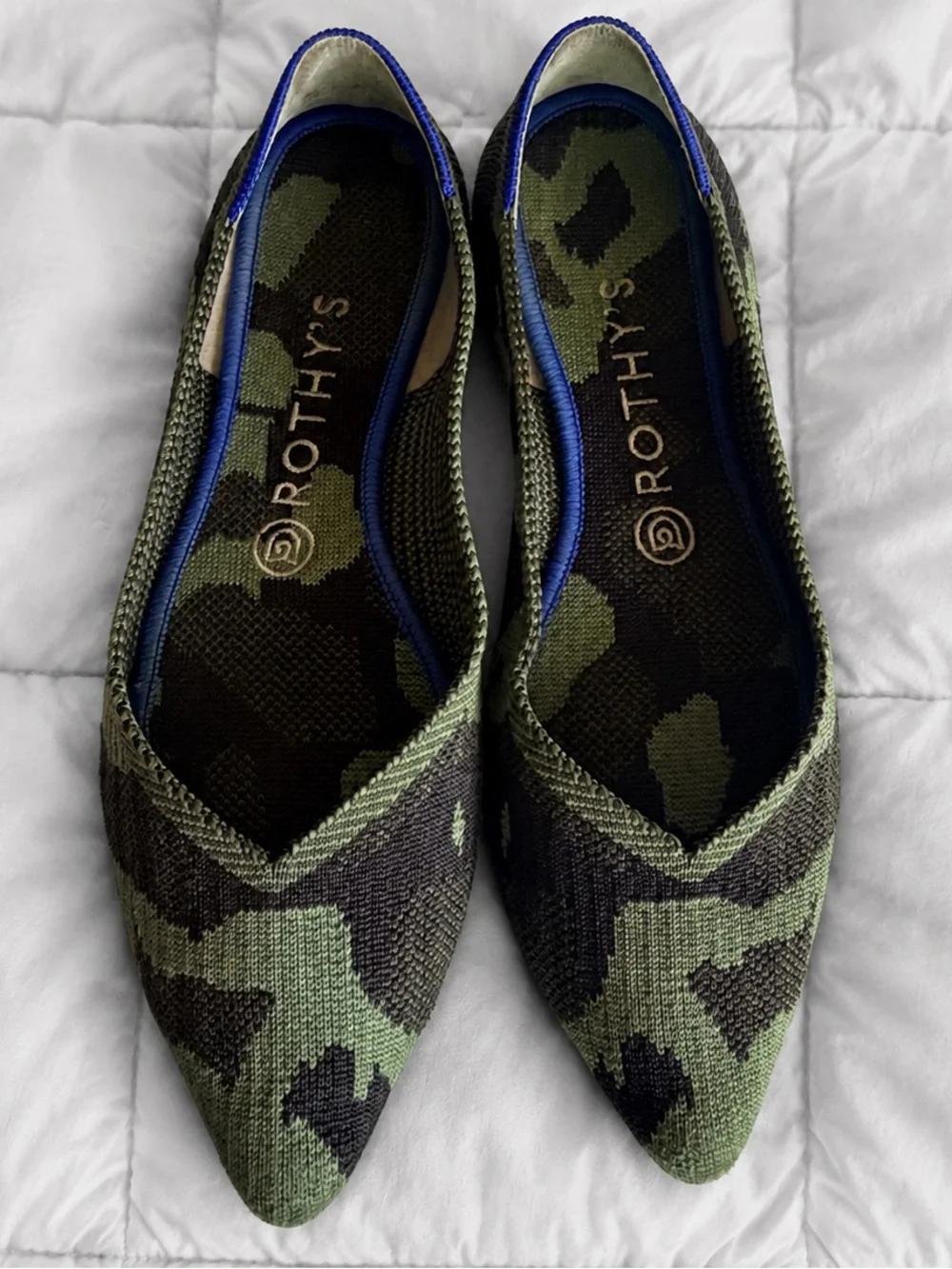 Rothys Womens Shoes Sz 8.5 The Point Flats Olive Green Camo Pointed Toe Slip On